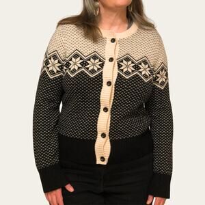 Pendleton Merino Wool Sweater Cardigan Fair Isle Black White Nordic READ HOLE